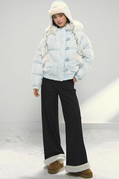 Dark Blue Polka Dot Patchwork Wide-Leg Jeans