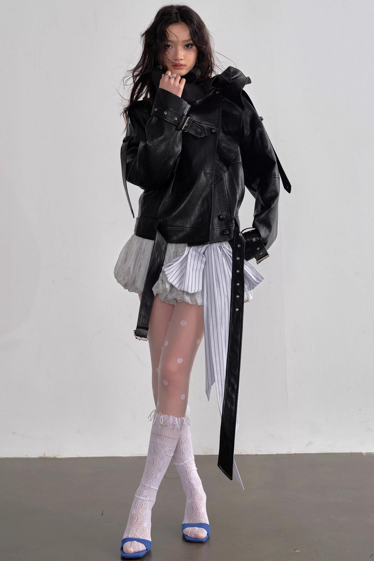 Three-Dimensional Ruffled Faux Leather Jacket