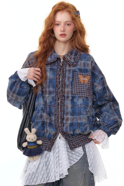 High-End Retro Blue Plaid Jacket