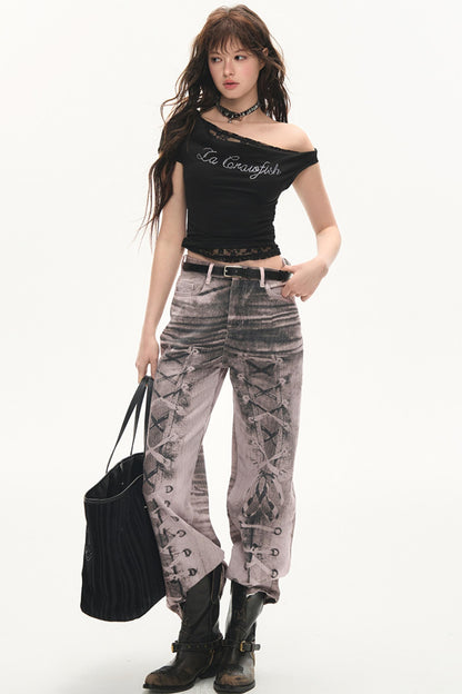 Digital Print Wide-Leg Jeans