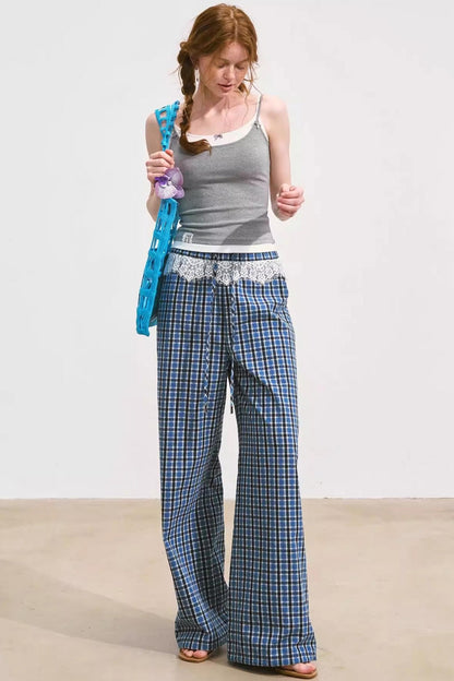 Blue Lace-Trimmed Plaid Wide-Leg Pants