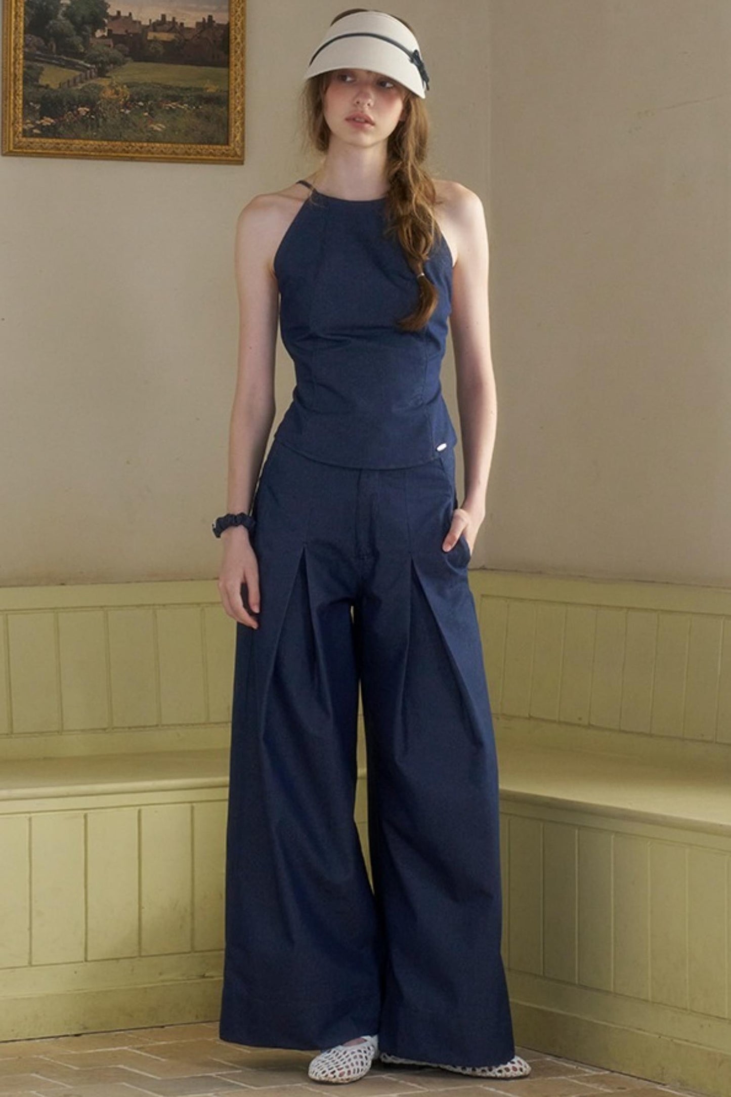 Cow Blue Pleated Denim Wide-Leg Pants Set-Up