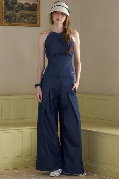 Cow Blue Pleated Denim Wide-Leg Pants Set-Up