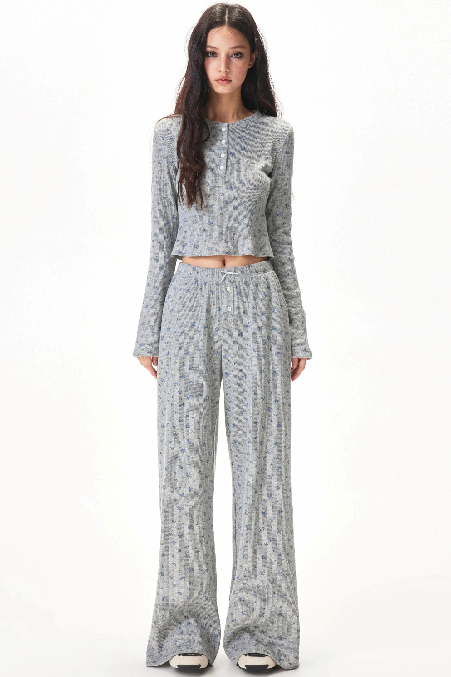Floral Placket Blouse and Pants Set-Up