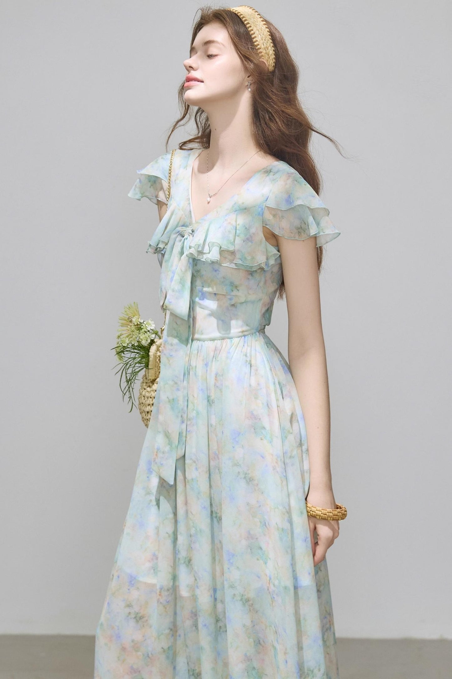 Slim V-Neck Ruffle Dress