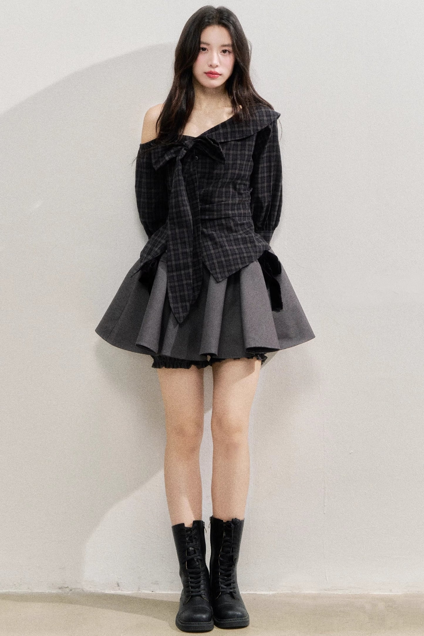 Plaid Bow One-Shoulder Waist Shirt