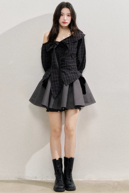 Plaid Bow One-Shoulder Waist Shirt