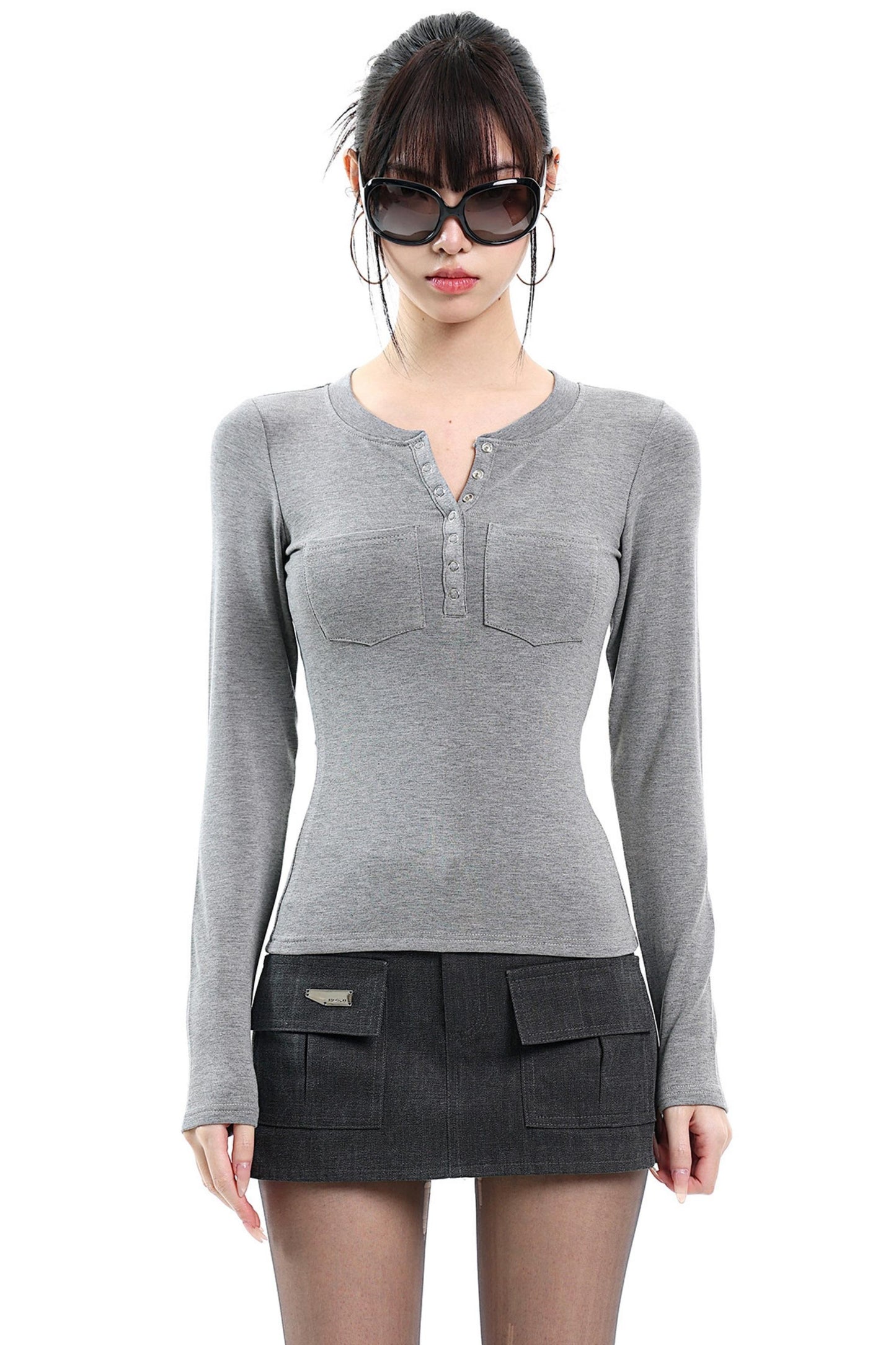 Braunes Slim-Fit-Oberteil mit Henry-Kragen