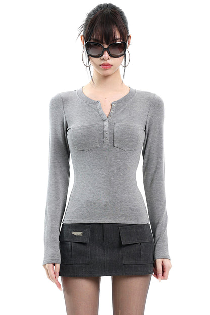 Braunes Slim-Fit-Oberteil mit Henry-Kragen