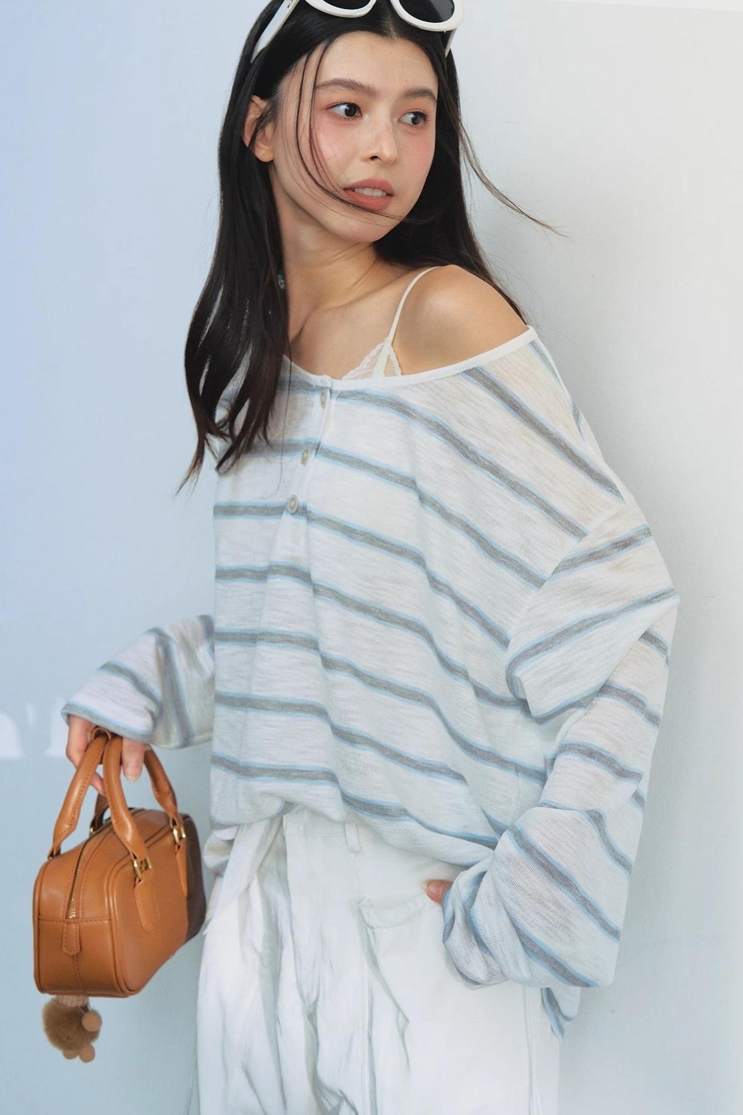 Blue Striped Bag-Up T-Shirt