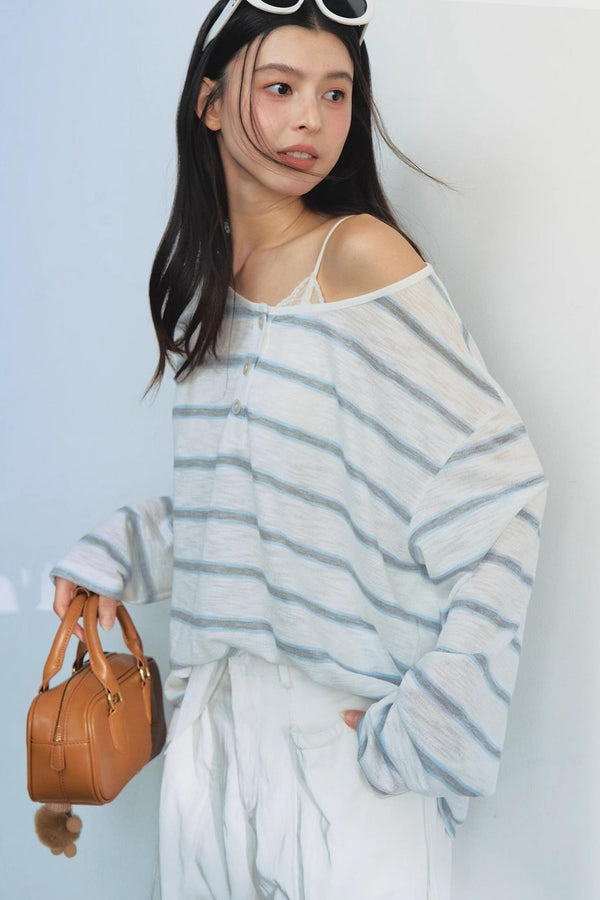 Blue Striped Bag-Up T-Shirt