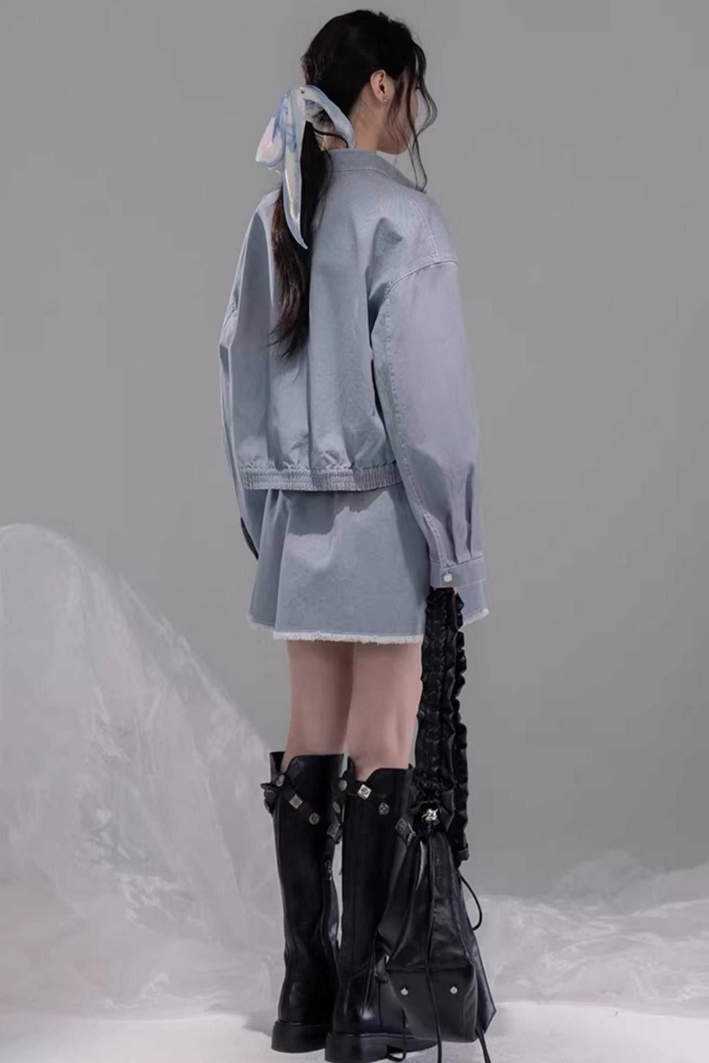 디스트레스드 록 데님 재킷 셋업