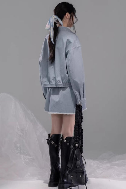 디스트레스드 록 데님 재킷 셋업