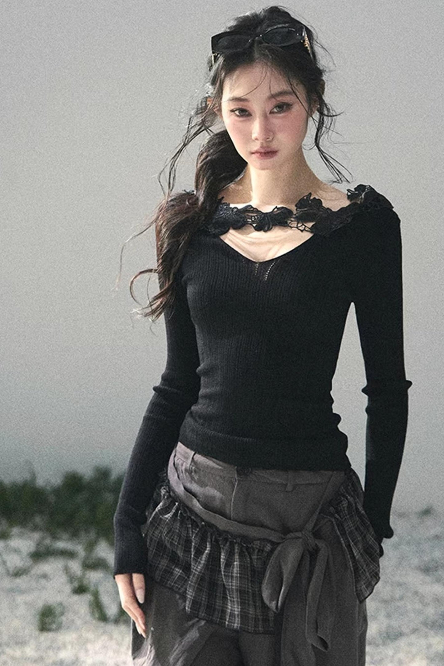 Lace-Trimmed Knitted Top