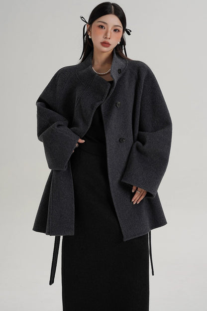 Elegant Woolen Lace-Up Coat