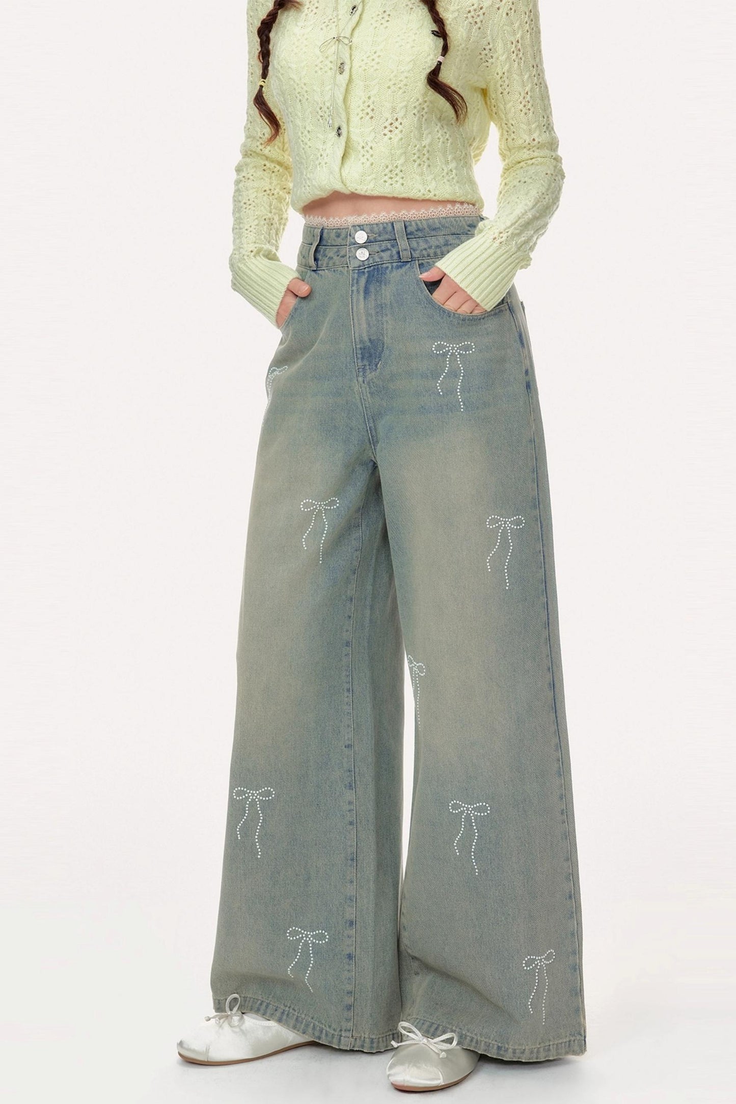 Vintage High-Waisted Diamond Bow Straight Pants
