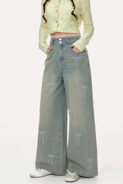 Vintage High-Waisted Diamond Bow Straight Pants