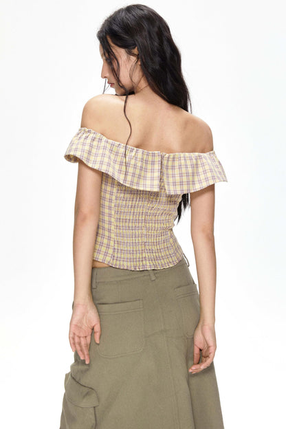 One-Shoulder Yellow Plaid Blouse