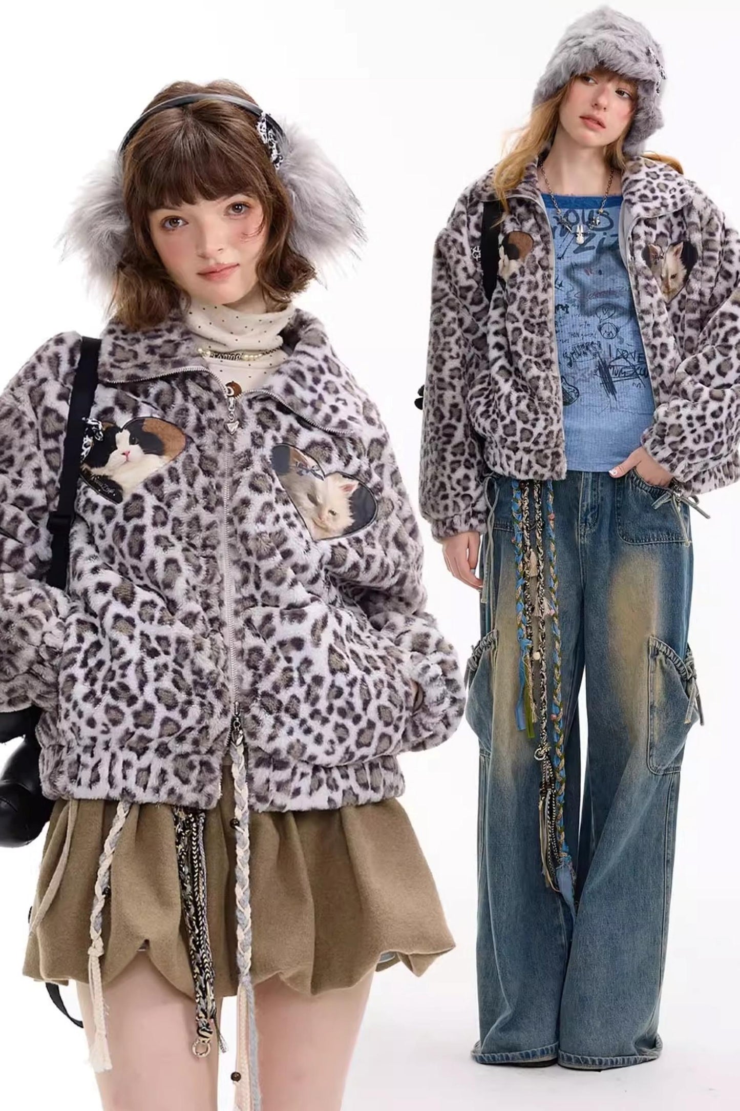Winter Cat Print Fluffy Coat