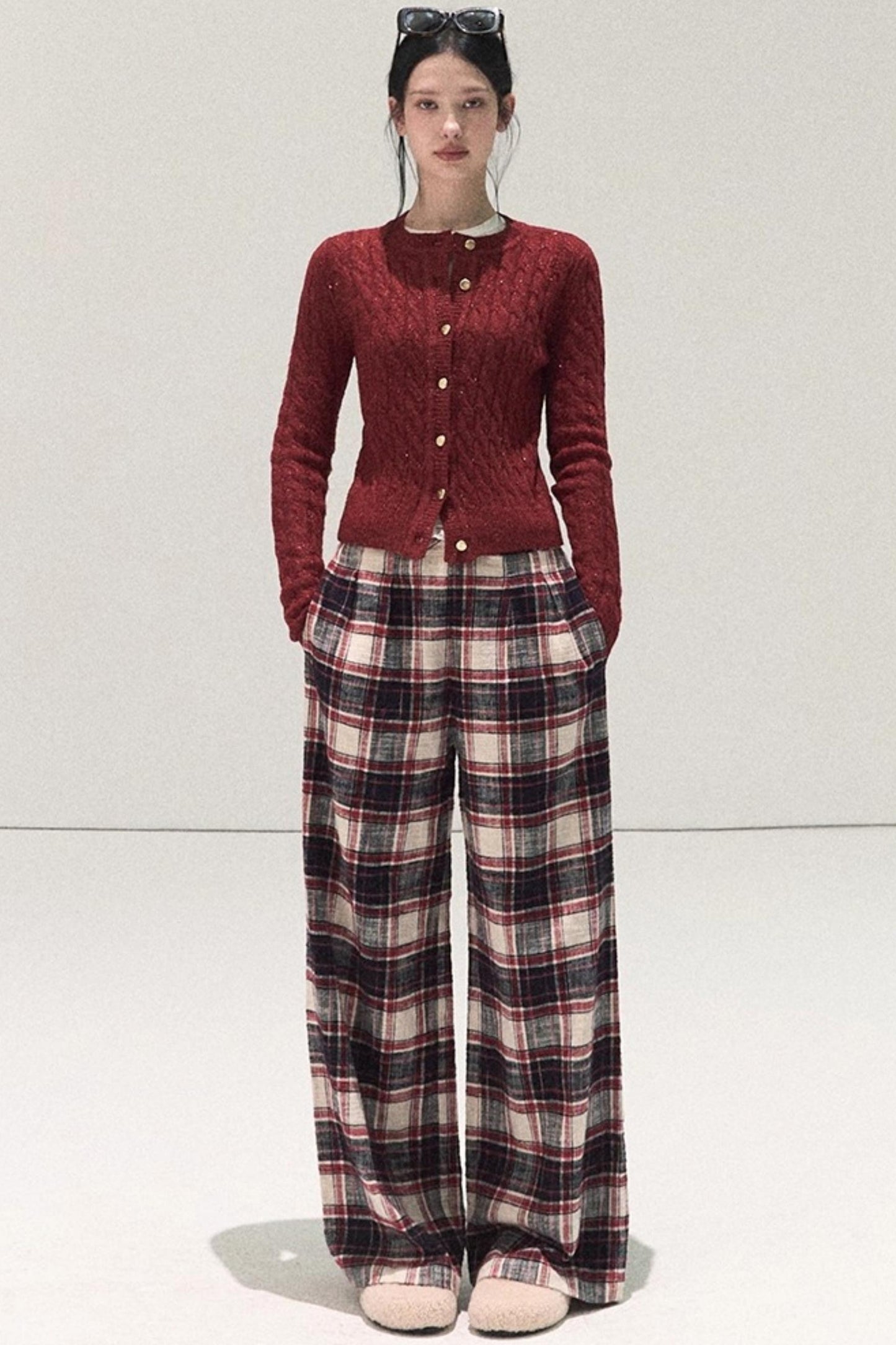 Pure Cotton Plaid Wide-Leg Pants