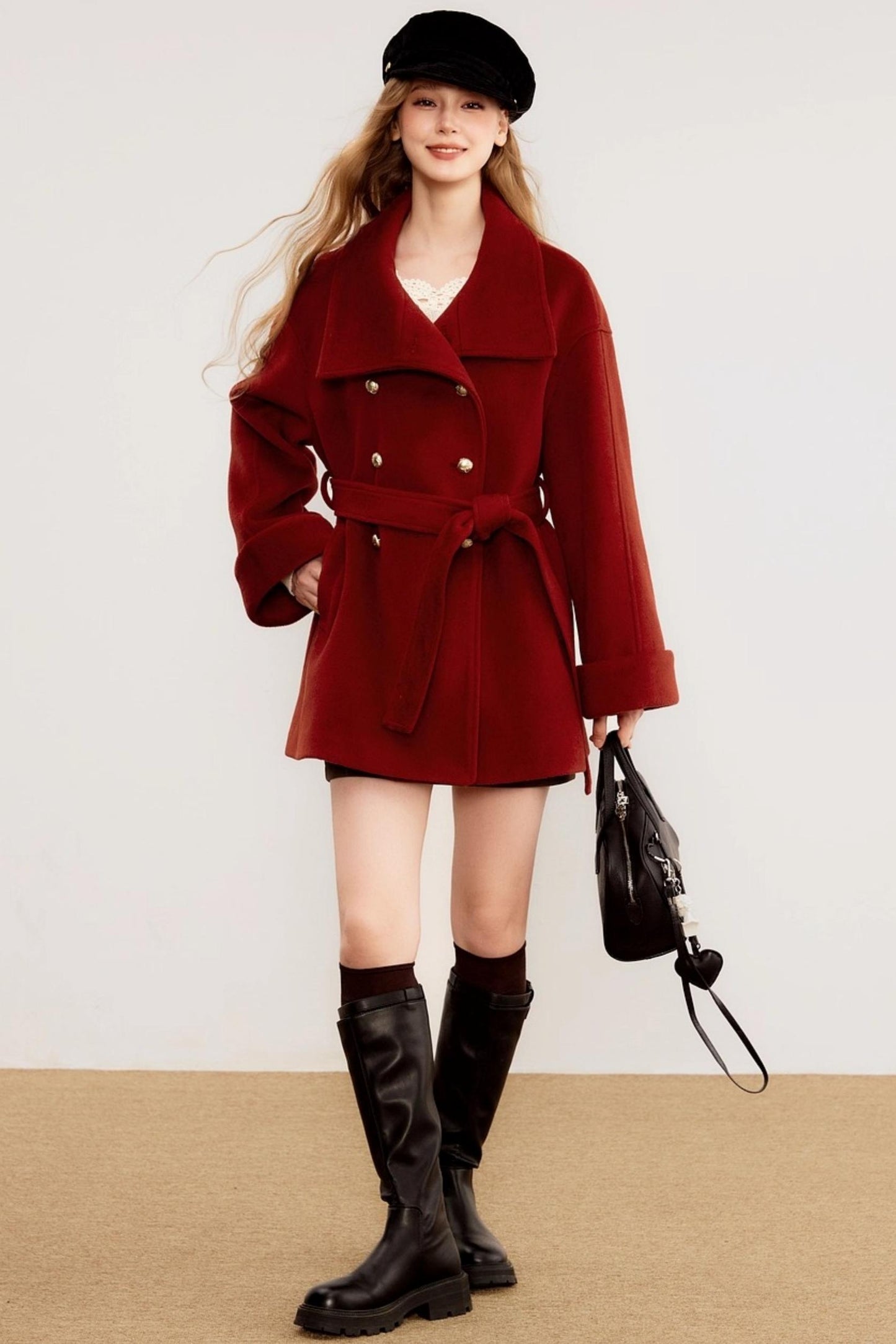 Red Woolen Waist-Cinching Coat