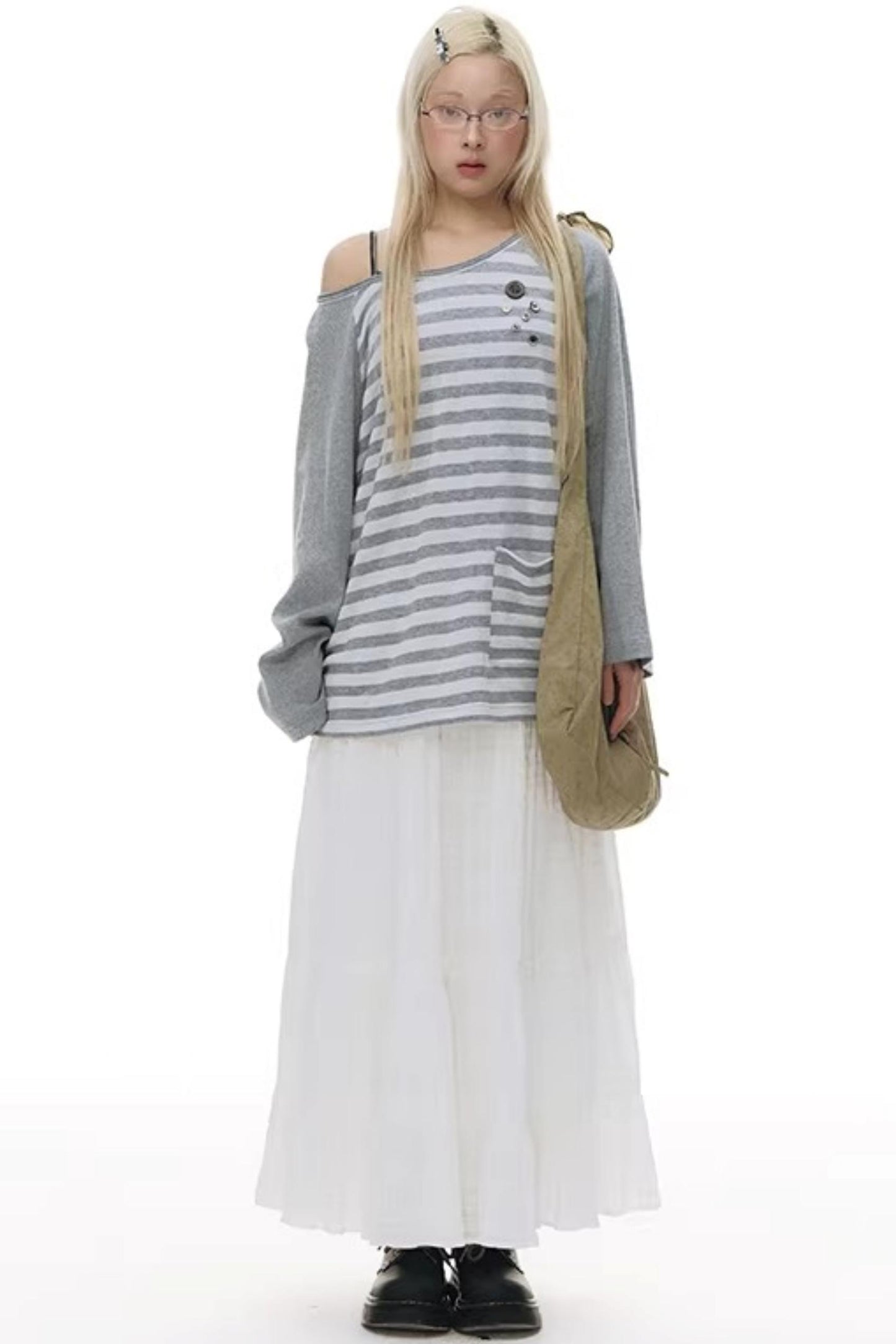 Button Striped Off-Shoulder Top