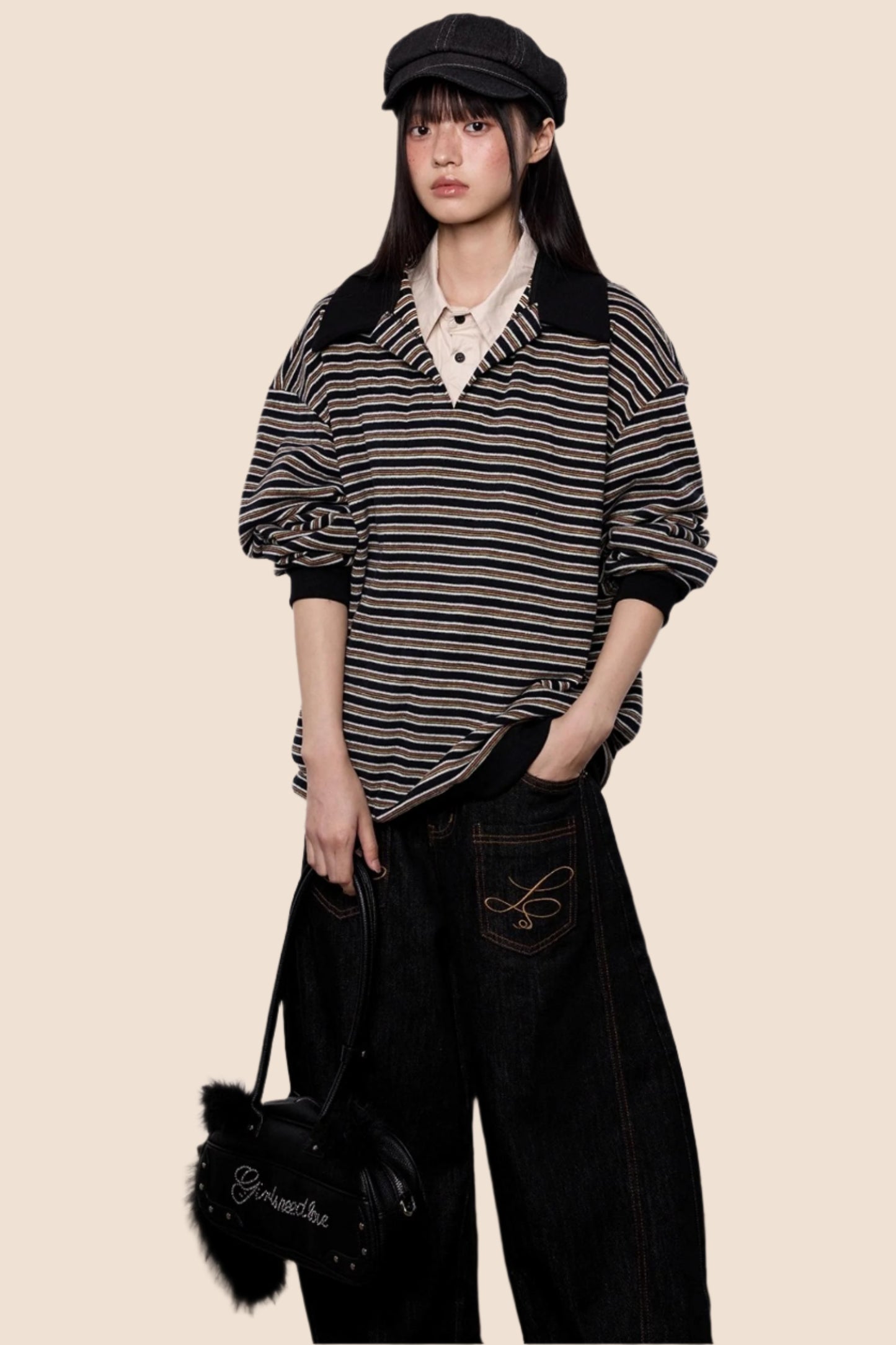 Striped Roll-neck Polo Shirt Top