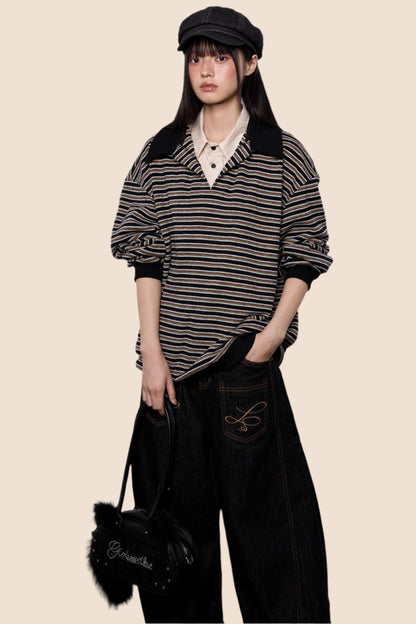 Striped Roll-neck Polo Shirt Top