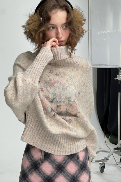 Aprikosenfarbener Fledermausärmelpullover mit hohem Kragen