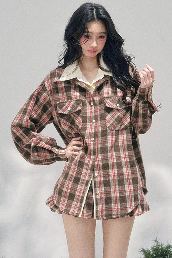 British Cafe Plaid Shirt and Short Skirt Set-Up