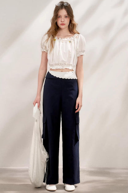 Colorblock Cotton Lace Wide Leg Pants