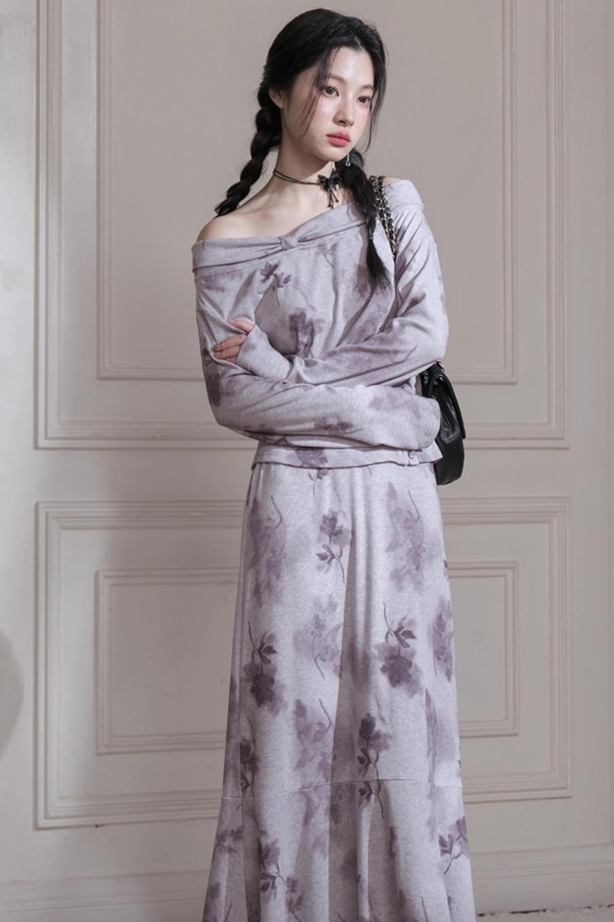 Cloud Gray Purple Bow Neck Knit Skirt Set