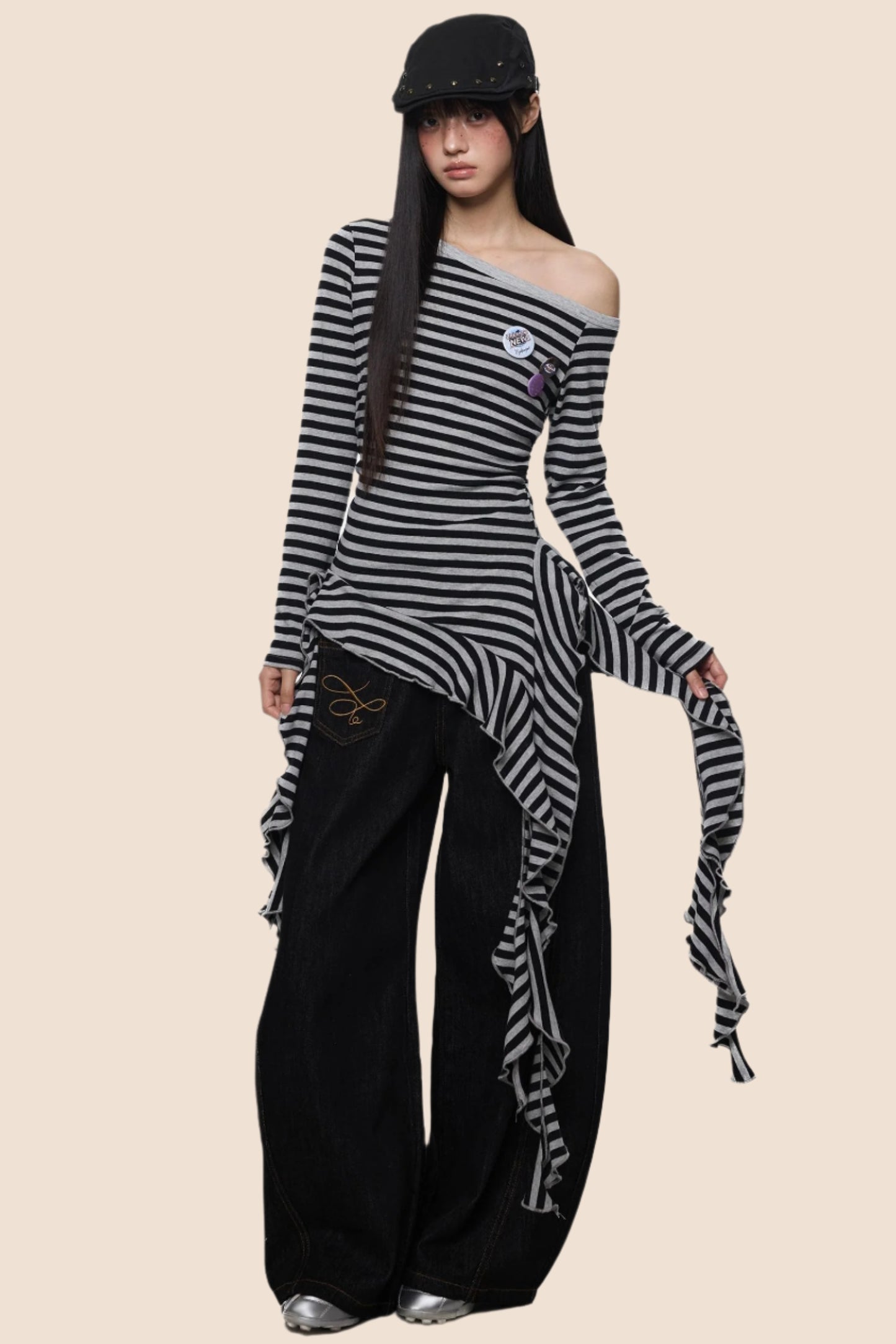 Tassel Detail Slanted Shoulder Top