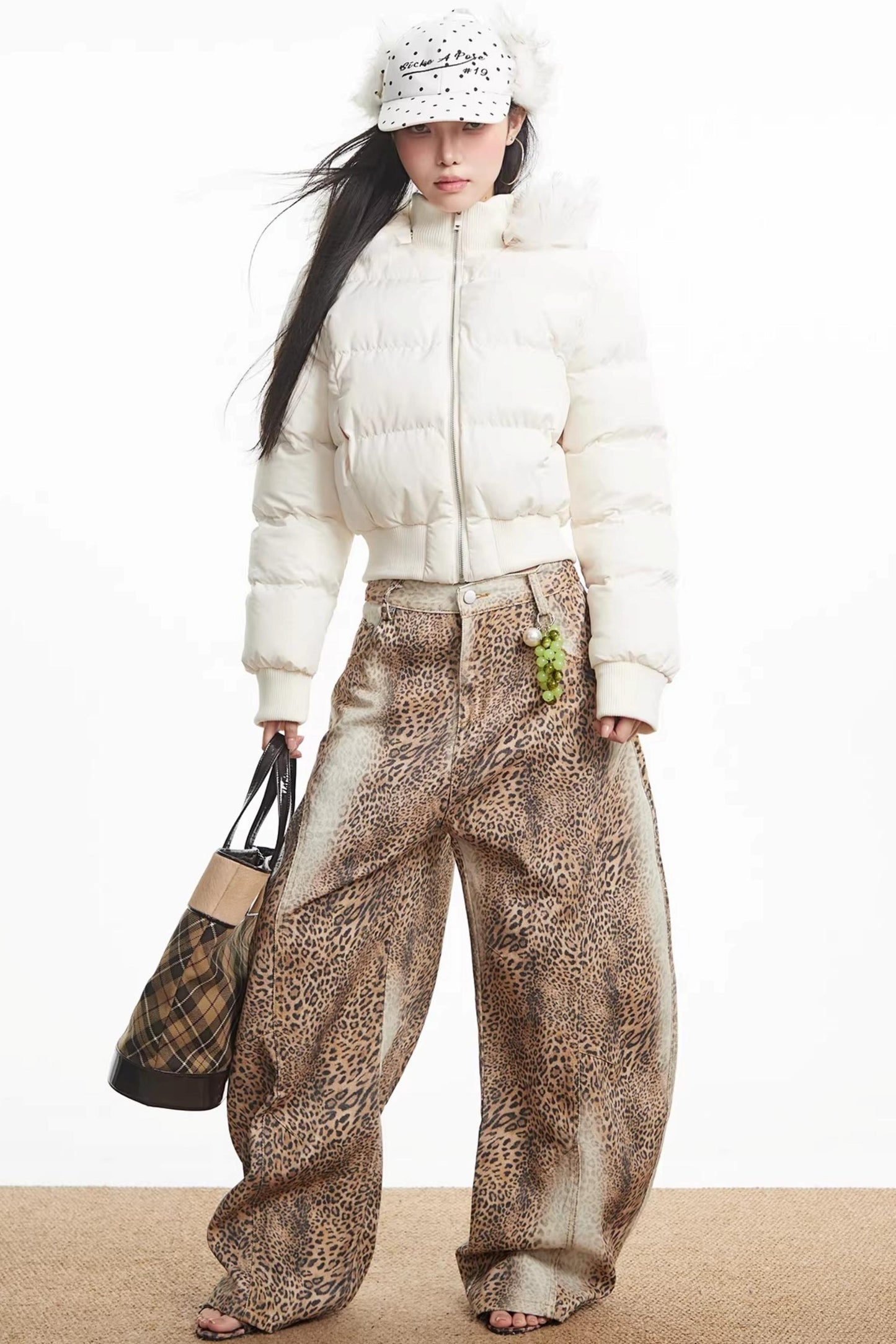 Printed Short Fur Collar Down Jacket