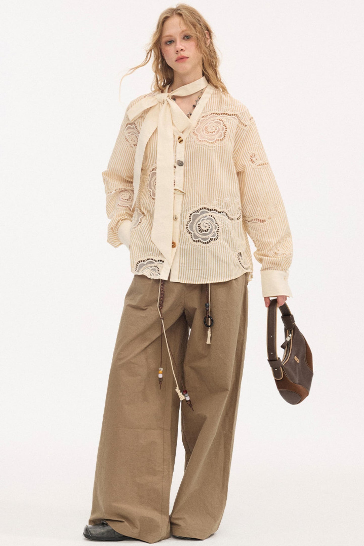 Tie-Back Bow Embroidered Shirt