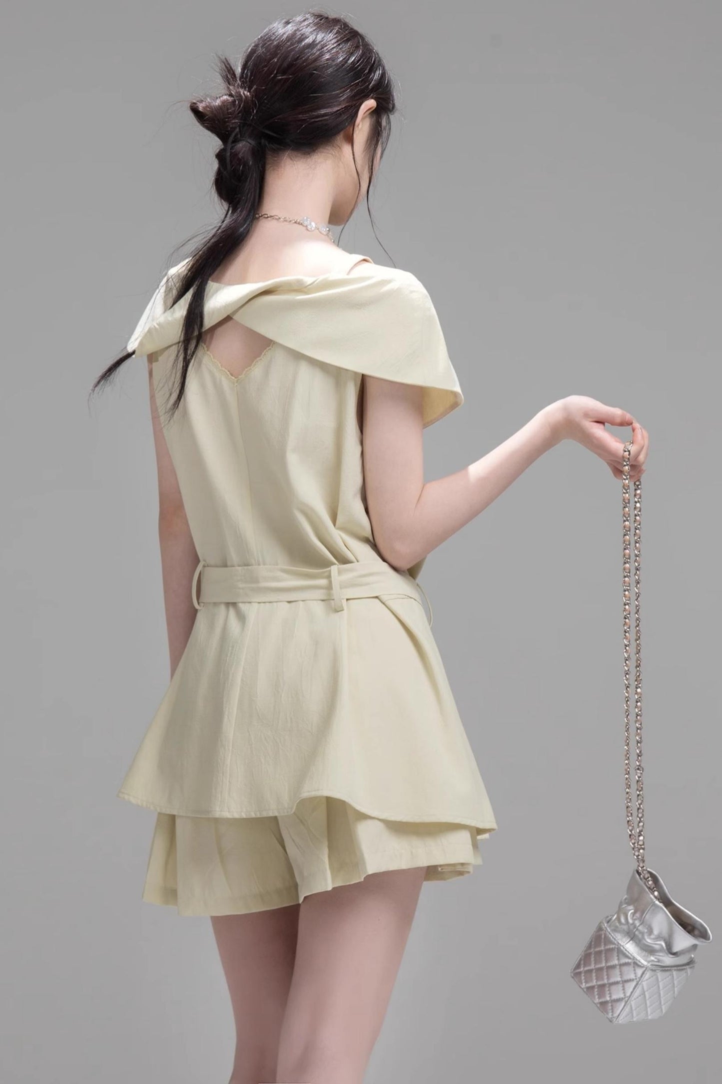 Layered Lime Green Belted Shirt & Pleated Shorts Set