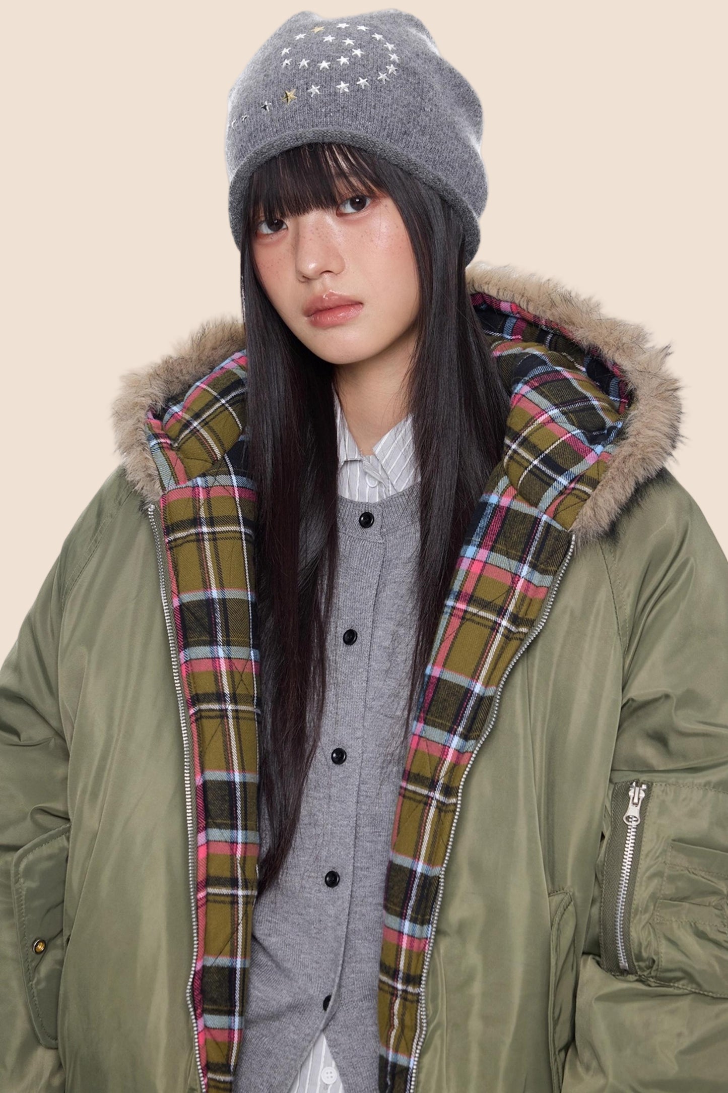 Fur Collar Plaid Parka Jacket