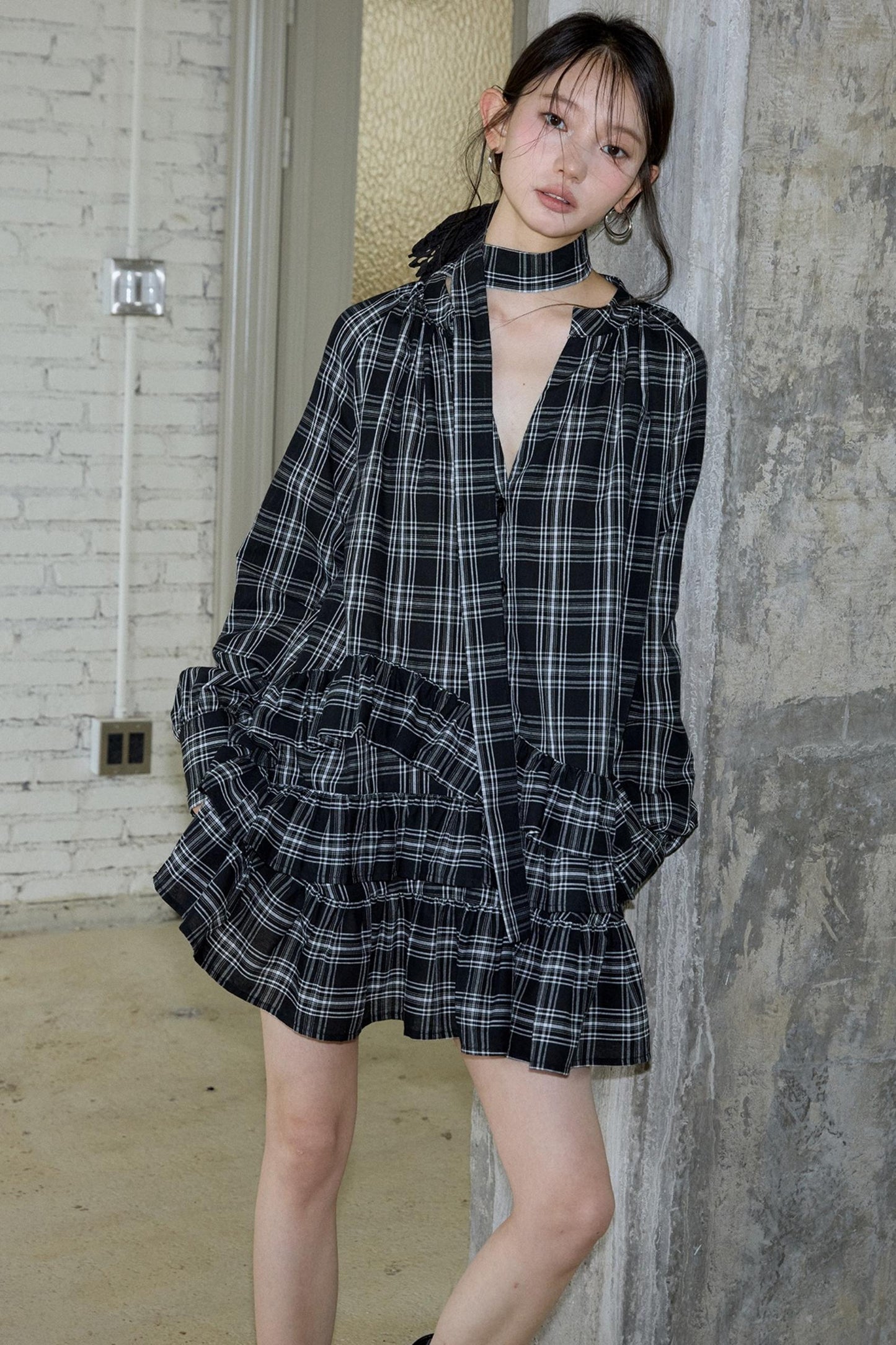Plaid Ruffle Long Sleeve Shirt Dress