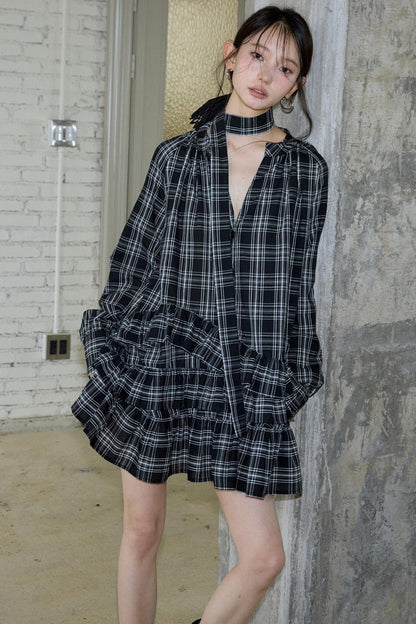 Plaid Ruffle Long Sleeve Shirt Dress