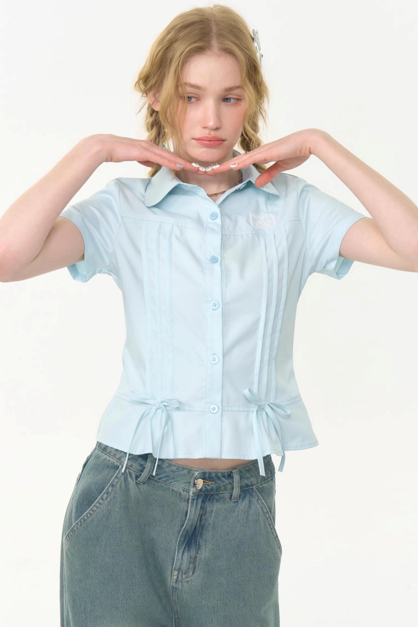 Retro Blue Bow Blouse