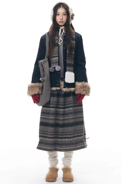 Detachable Fur Collar Denim Jacket Set-Up