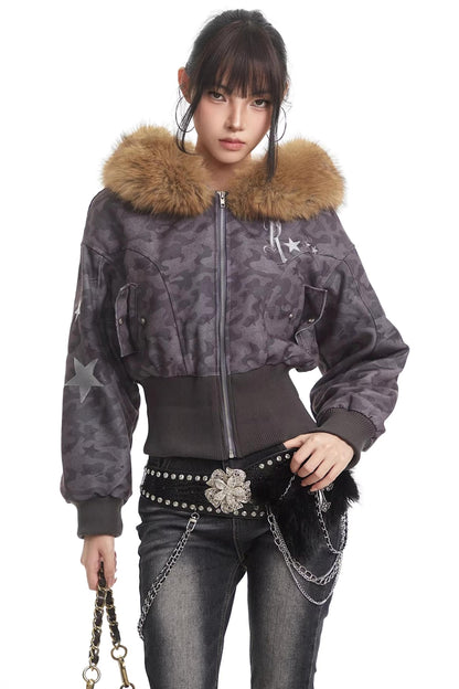 Retro Camouflage Fur Collar Hooded Jacket