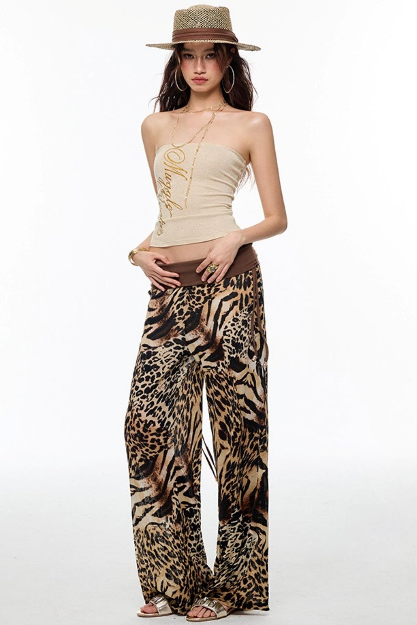 Leopard Chiffon Wide-Leg Pants
