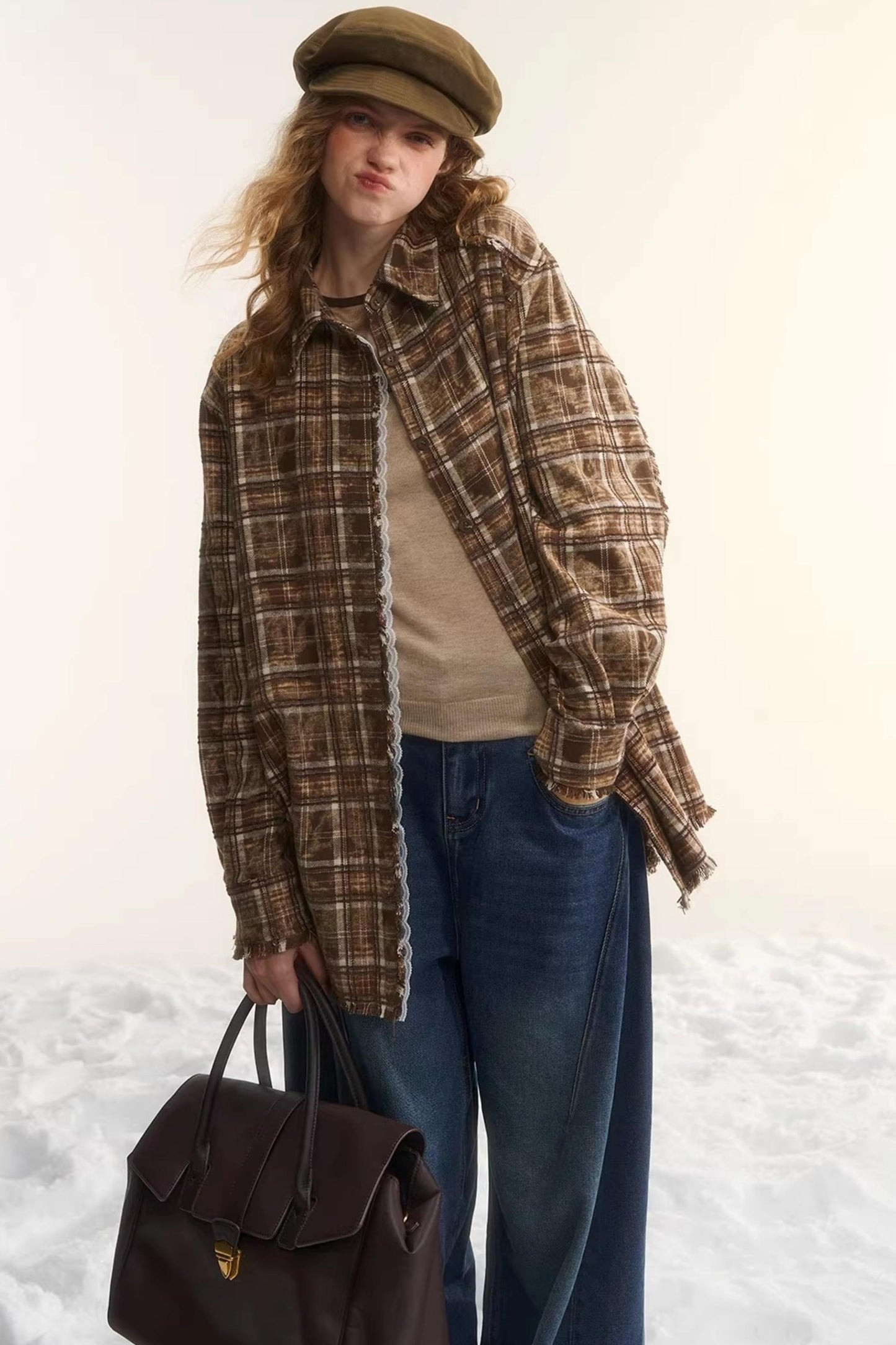 Lace-Trimmed Plaid Shirt