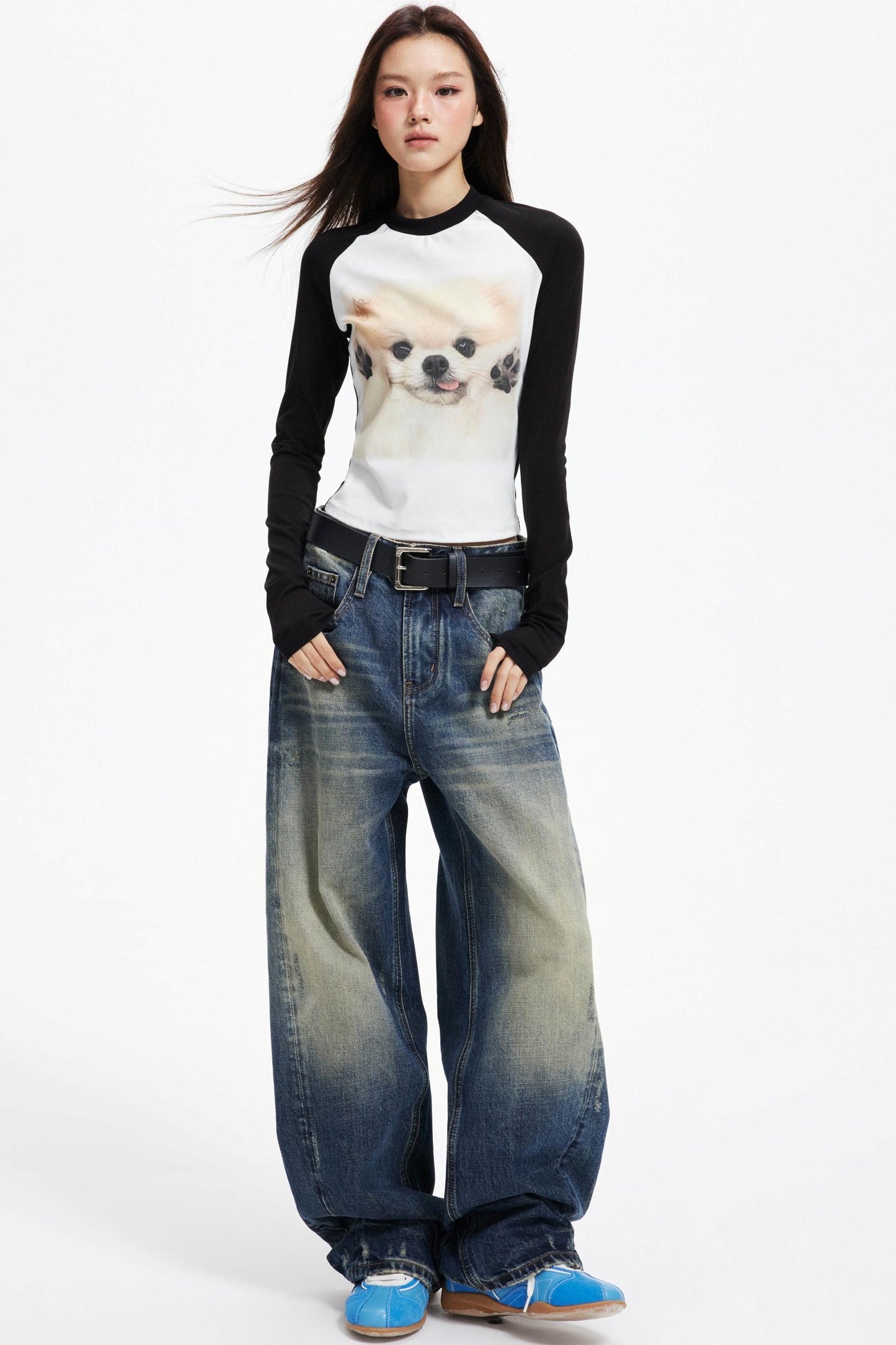Puppy Print Raglan Slimming Knit Top