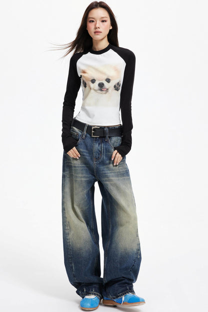 Puppy Print Raglan Slimming Knit Top