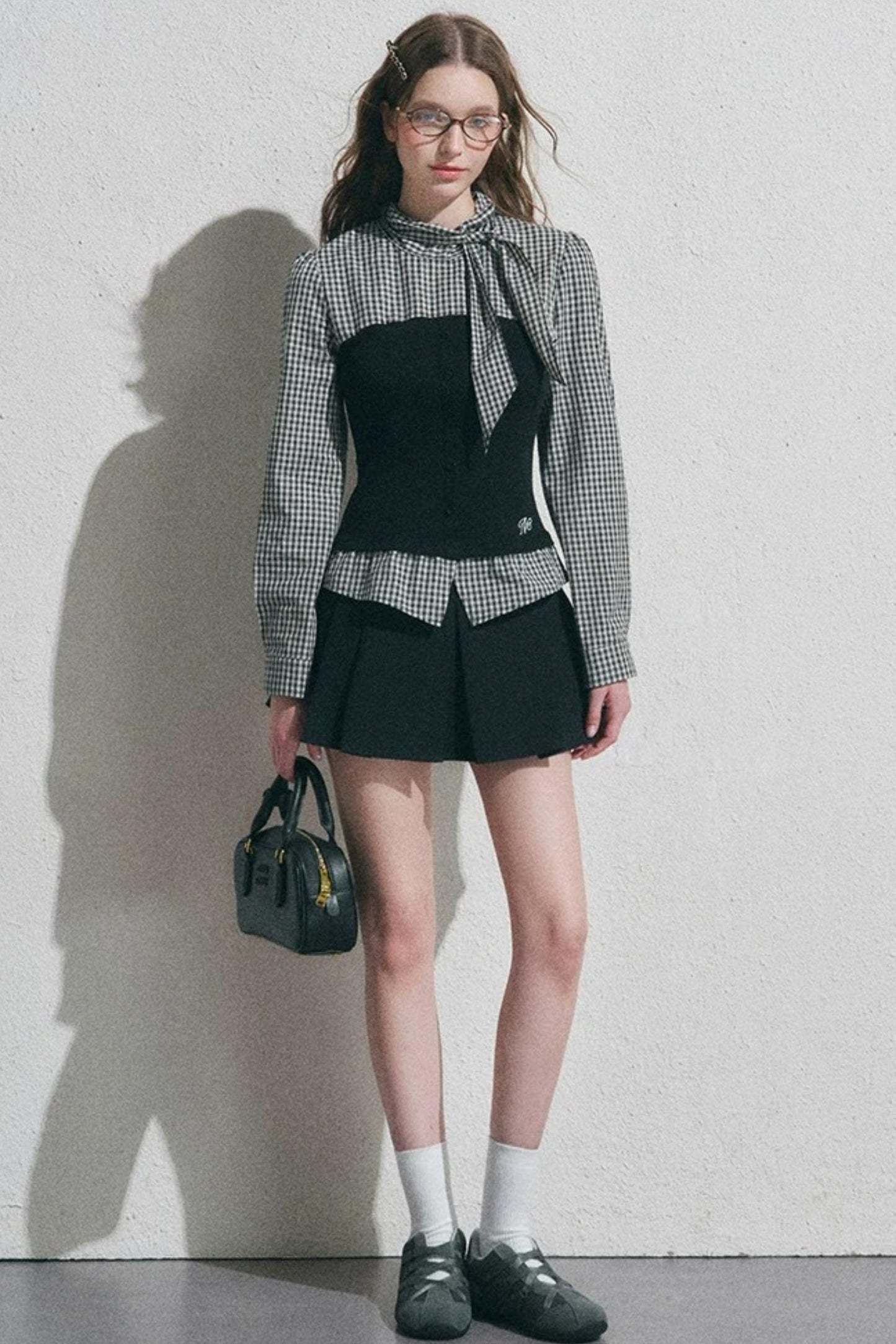 Bow Tie Spliced Shirt and Pleated Mini Skirt Set-Up