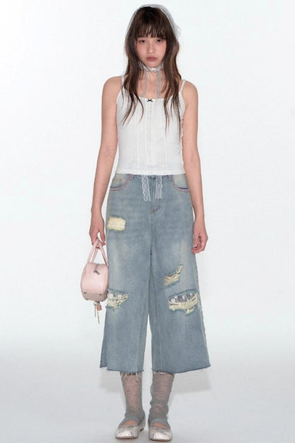 Summer Lace Ripped Wide-Leg Pants