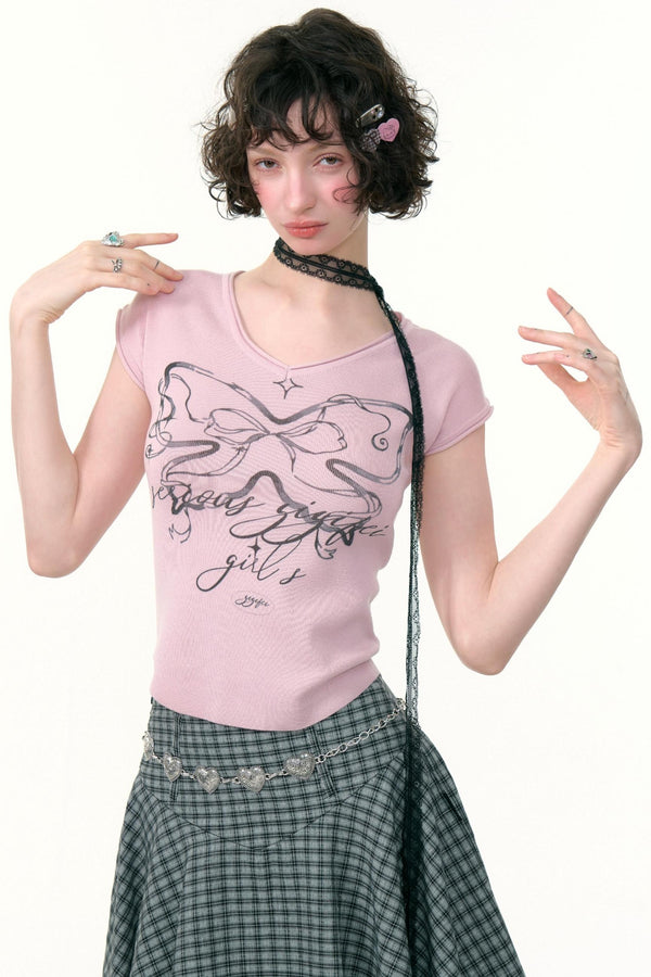 American Vintage Butterfly Print V-Neck T-shirt