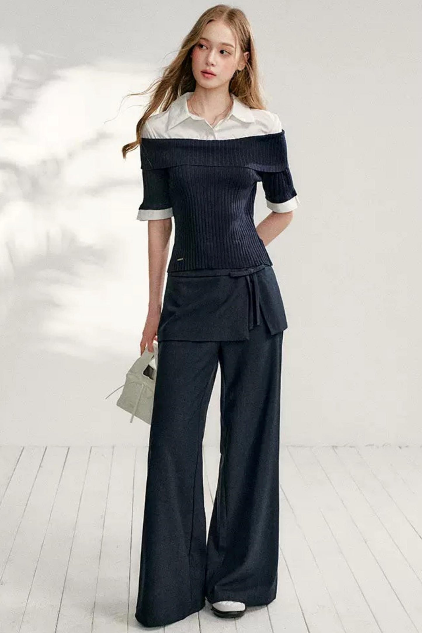 Color-Block Shirt Collar Knit Set-Up